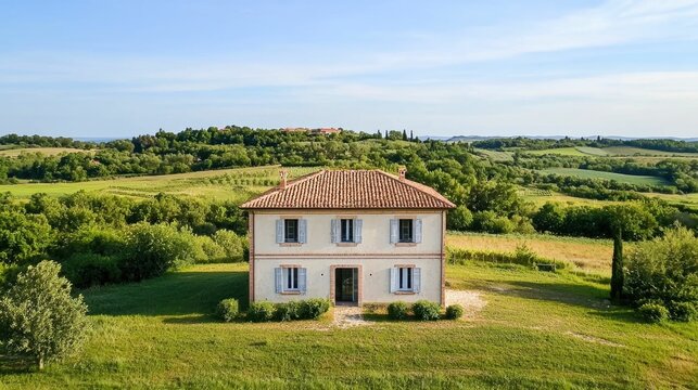 Serene rural property with a charming farmhouse surrounded by lush green fields rolling hills and a picturesque countryside landscape