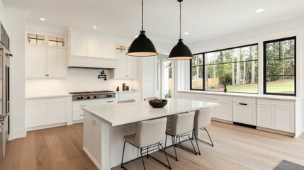 Elegant and spacious dining area in a luxury modern home featuring a large dining table pendant lighting and abundant natural light through the windows