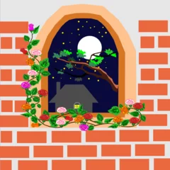 a scene of the fullmoon from the window on the night.
