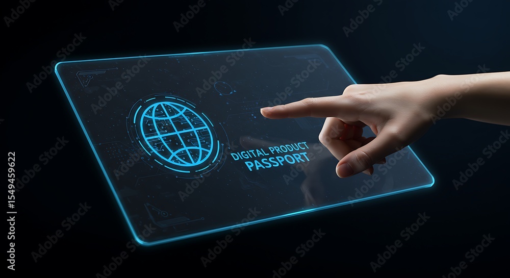 Poster digital product passport concept on transparent futuristic tablet screen with touch interaction