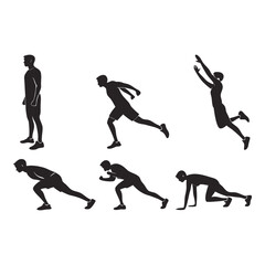 Athlete's Exercise Routine: A series of silhouetted figures showcase a dynamic athletic workout routine, encompassing various movements and exercises for a complete fitness session.