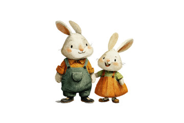 Obraz premium Adorable Cartoon Rabbits Holding Hands Cute Childrens Illustration Happy Bunny Pair