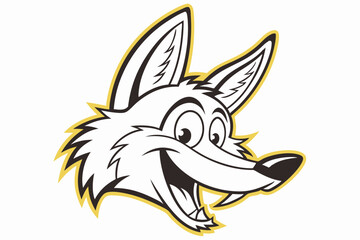 Cheerful coyote head barks with glee, outlined in black and gold, against white