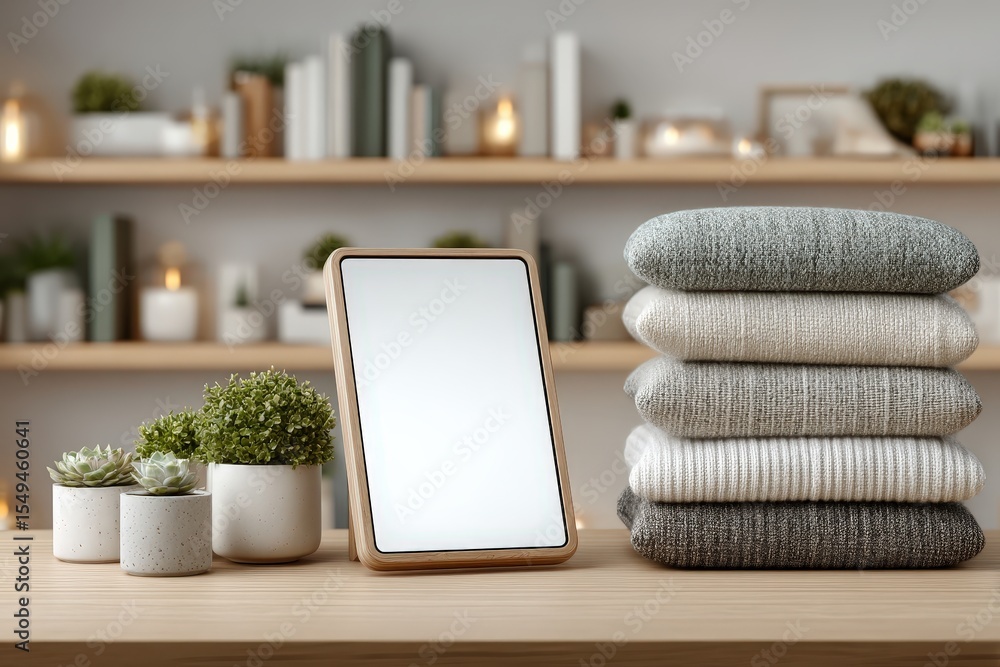 Poster modern studio shelf with cozy textiles and elegant mirror display