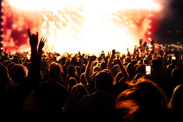 Crowd of people enjoys and cheering music concert in front of bright stage lights. Happy...