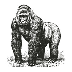 Detailed Gorilla Illustration Standing Tall with Striking Fur Texture and Intense Gaze in a Classic Engraving Style