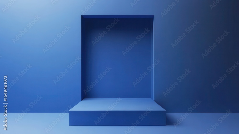 Poster abstract blue interior scene featuring a minimalist empty display space with soft lighting and smoot