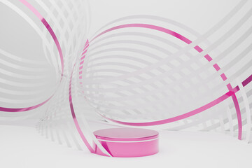 Pink metallic round podium, polished reflective waves in a fluid motion, white abstract stage...