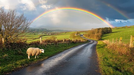 Country road with rainbow and sheep.