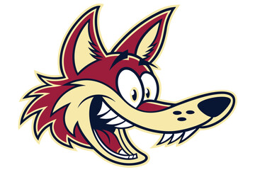 Crimson cartoon fox head shows big smile and teeth with jovial eyes