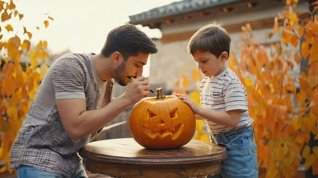 Caucasian father and son are engaged in carving a Jack-o'-lantern together in their backyard, surrounded by vibrant fall leaves. Halloween decor holiday. The sun is shining brightly, warm atmosphere