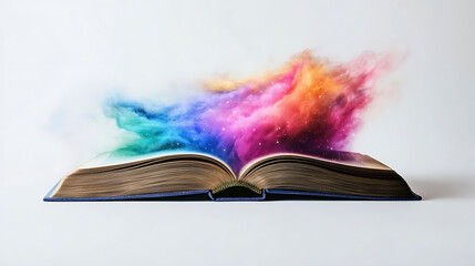 An open book releasing a burst of colorful powder into the air
