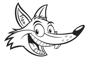 Monochrome cartoon fox head smiles widely showing its teeth with a joyful expression