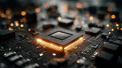 Close-up of a central processing unit (CPU) on a circuit board, illuminated with warm light