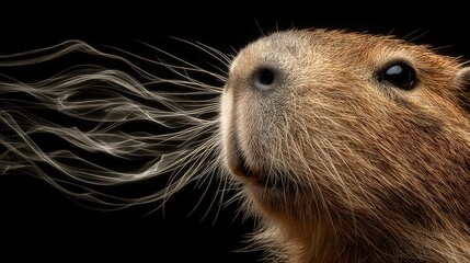Close-up of a capybara's head, wispy smoke-like lines emanating from its nose