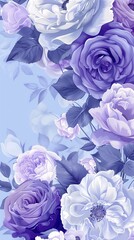 Seamless digital illustration of roses and peonies in soft purples and whites, ideal for elegant backgrounds, wallpapers, or textile design.