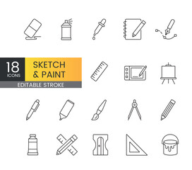 Sketch and paint editable stroke line icons including pencils, brushes, digital tablet, eraser, and tools for artists and illustrators used in creative apps, educational materials, and UI design