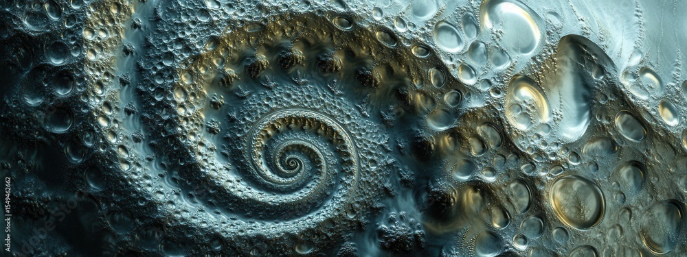 Poster intricate spiral pattern with bubbles and textures in shades of blue and gold reflecting light for a