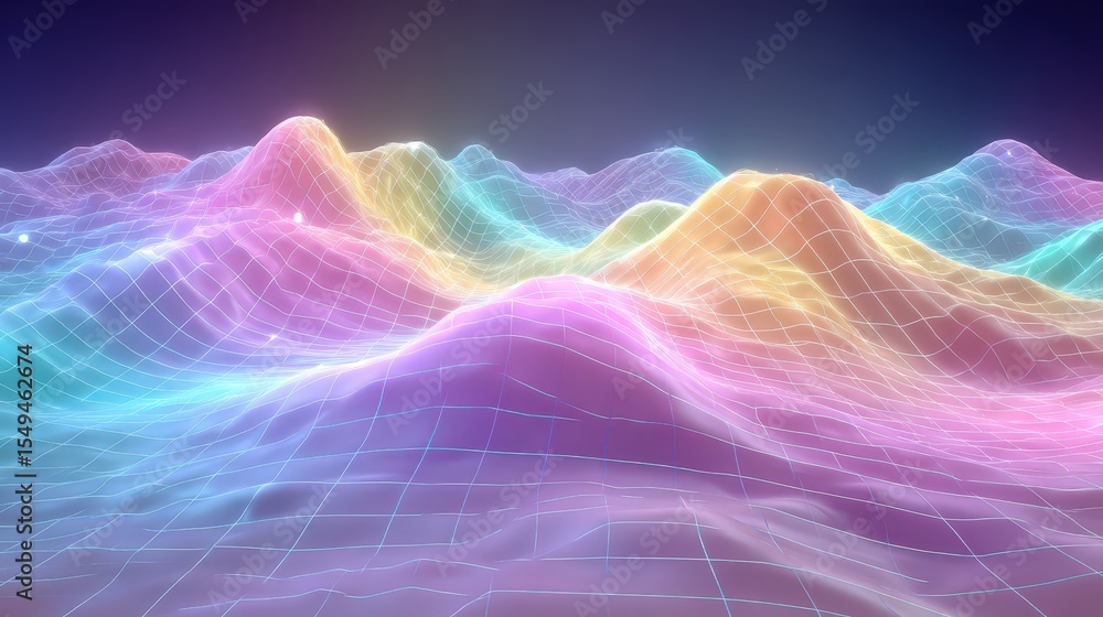 Poster vibrant neon gradient background with warped grid lines in waves