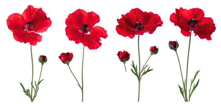 Five vibrant red poppy flowers with buds