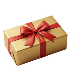 Fototapeta premium Elegant rectangular gift box wrapped in shimmering gold paper with a bold red ribbon bow, ideal for festive celebrations - transparent background Generative Ai.