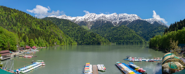 Panorama of the mountain lake Ritsa. Republic of Abkhazia