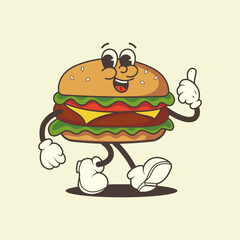 Retro burger mascot with happy face. Vintage vector character for fast food, diner branding and nostalgic design
