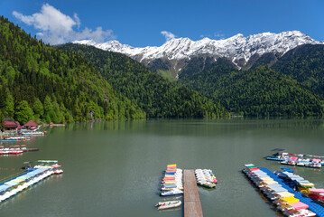 Jetty for catamarans on Lake Riza. Republic of Abkhazia