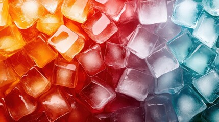 An overhead shot of colorful ice cubes in various vibrant shades, ideal for refreshing beverages, parties, or summer themes in promotional material.