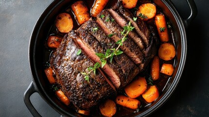 A beautifully plated braised beef roast sits among tender carrots and fragrant herbs, showcasing a hearty and comforting meal perfect for family gatherings or special occasions.