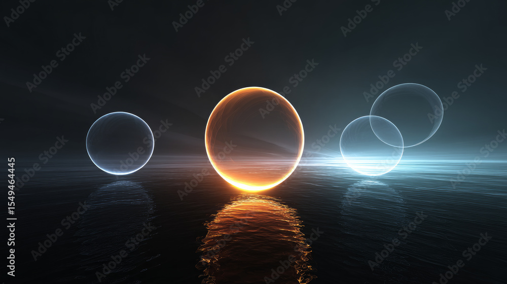 Fototapete dark, empty world minimalistic virtual futuristic reality with geometric shapes and floating structu