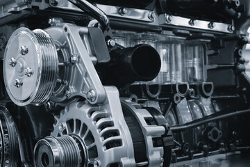 car engine with a lot of detail. The engine is made up of many parts, including a radiator, a muffler, and a fuel pump. Concept of complexity and intricacy
