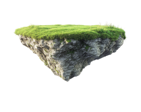 Floating, triangular island with grass and rocks