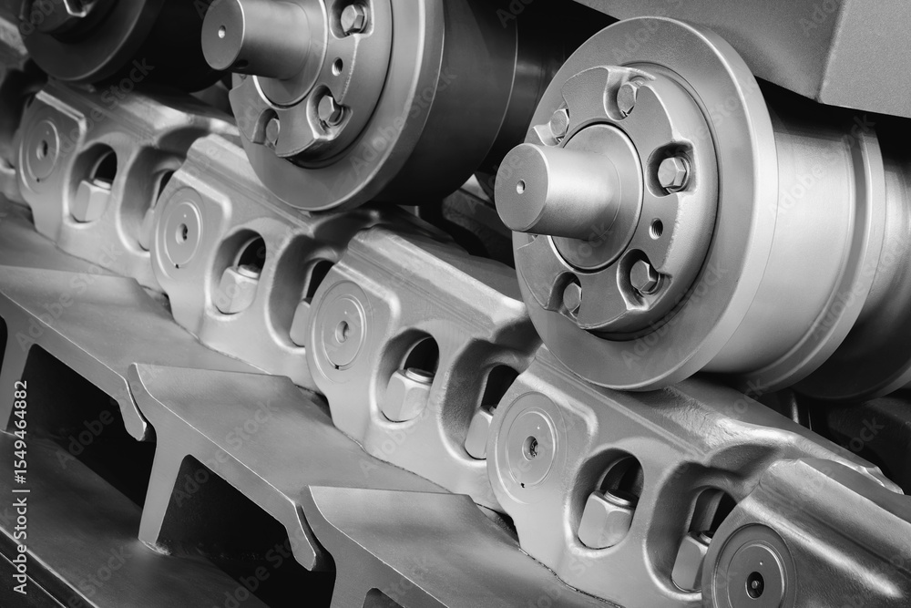 Poster track tractor on roller close up machine part many bolts and screws сoncept complexity precision, ma