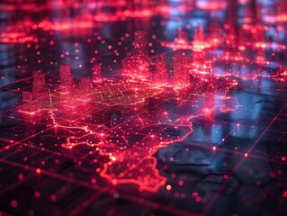 Futuristic digital map with glowing red lights and 3D cityscape elements, representing smart urban infrastructure and network technology.