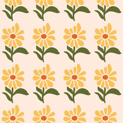 Seamless pattern with hand drawn flowers on a beige background. Cute floral minimal print. Yellow, green and beige colors. Vector illustration