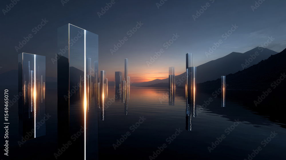 Fototapete dark, empty world minimalistic virtual futuristic reality with geometric shapes and floating structu