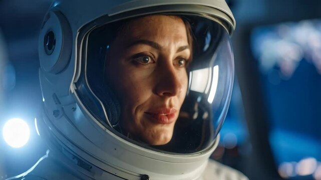 Female astronaut inside spaceship wearing helmet, looking thoughtfully toward mission control during interstellar space travel