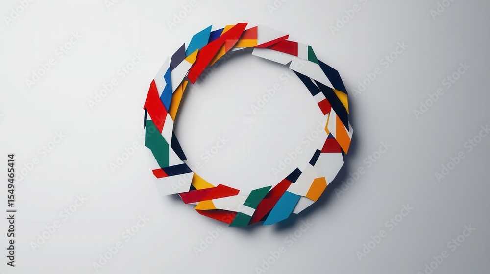 Poster colorful geometric shapes arranged in a circular pattern on a neutral background highlighting creati