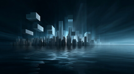 Fototapeta premium Dark, empty world Minimalistic virtual Futuristic reality with geometric shapes and floating structures, bright light source, floating, smooth gradient, Empty digital world with softly lit clean lines