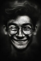 A black and white photo of a man with glasses