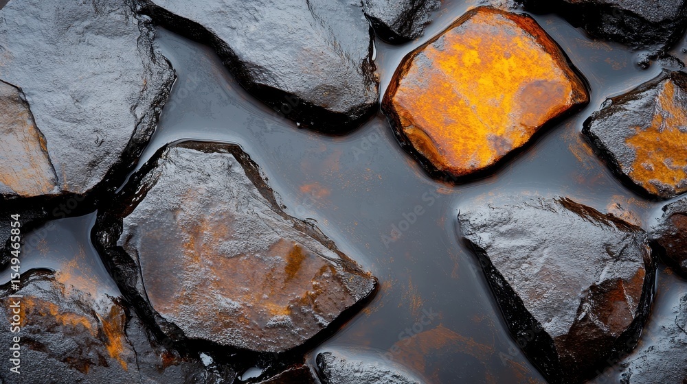 Poster a close-up view of smooth, dark rocks interspersed with rust-colored stones partially submerged in c