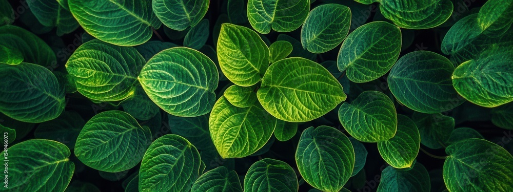 Poster close-up of vibrant green leaves with intricate textures and patterns in a lush tropical setting und