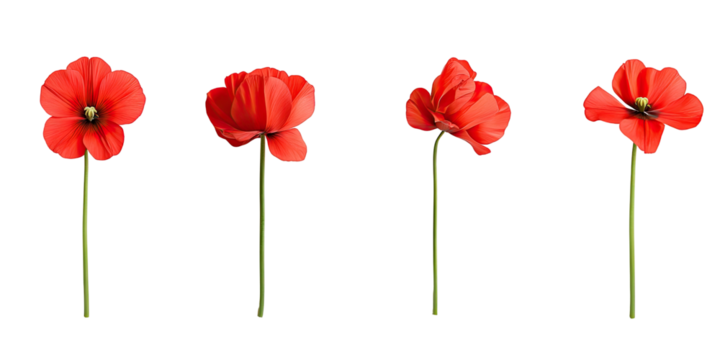 Four red poppy flowers on black background