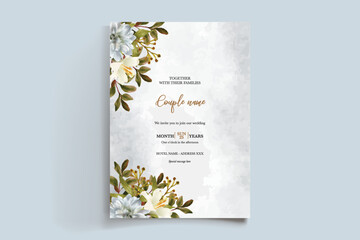 WEDDING INVITATION FRAME WITH FLOWER DECORATIONS AND FRESH LEAVES