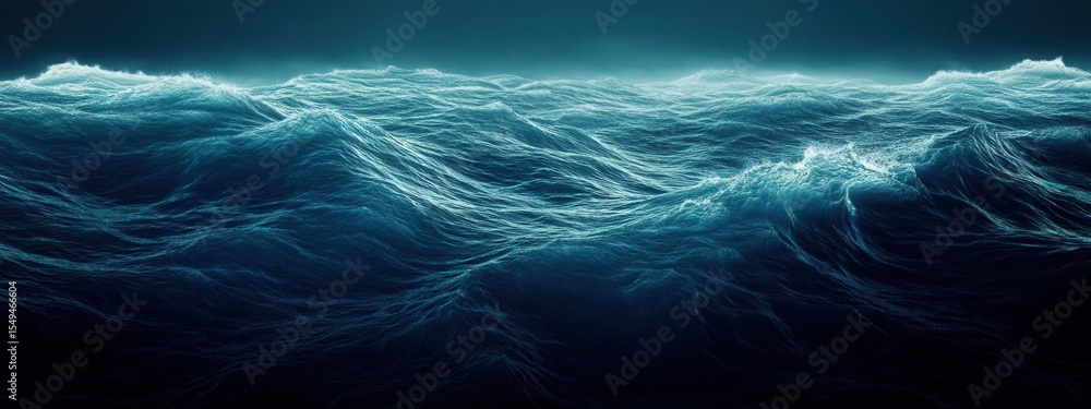 Poster dark blue ocean waves creating abstract patterns against a dramatic backdrop of light with ethereal 