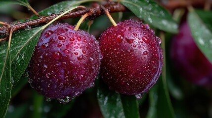 A couple of ripe plums hanging from a tree branch with water droplets on them