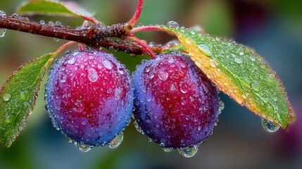 Fototapeta premium A couple of plums with water droplets on them on a branch