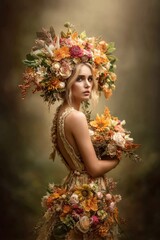 Naklejka premium A woman in a dress with a flower crown on her head
