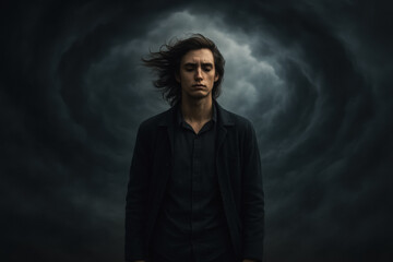 Stoic man faces swirling dark storm clouds, hair swept by wind, embodying resilience and inner strength amid chaos, generative AI